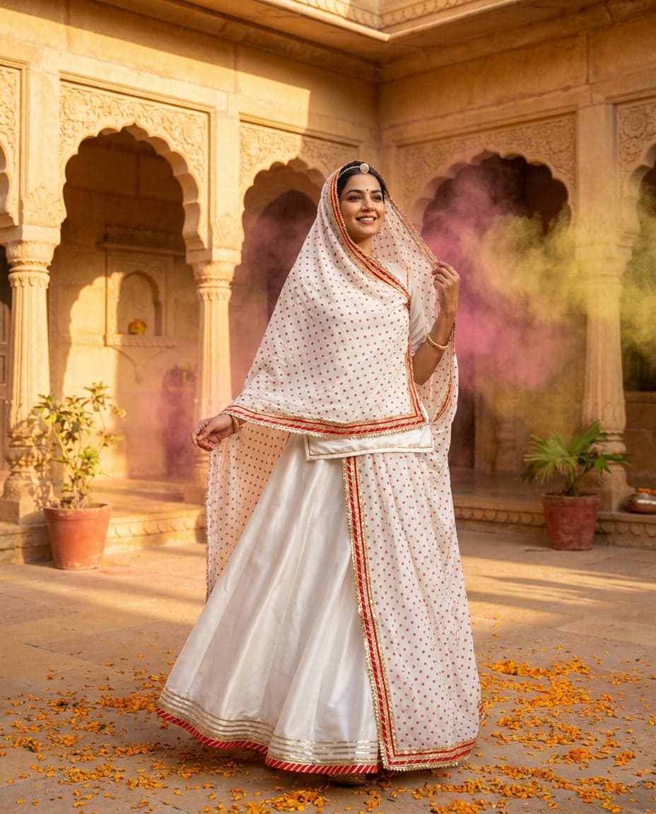 Faganiya poshak — white with red bandhej dots, worn in Faag season