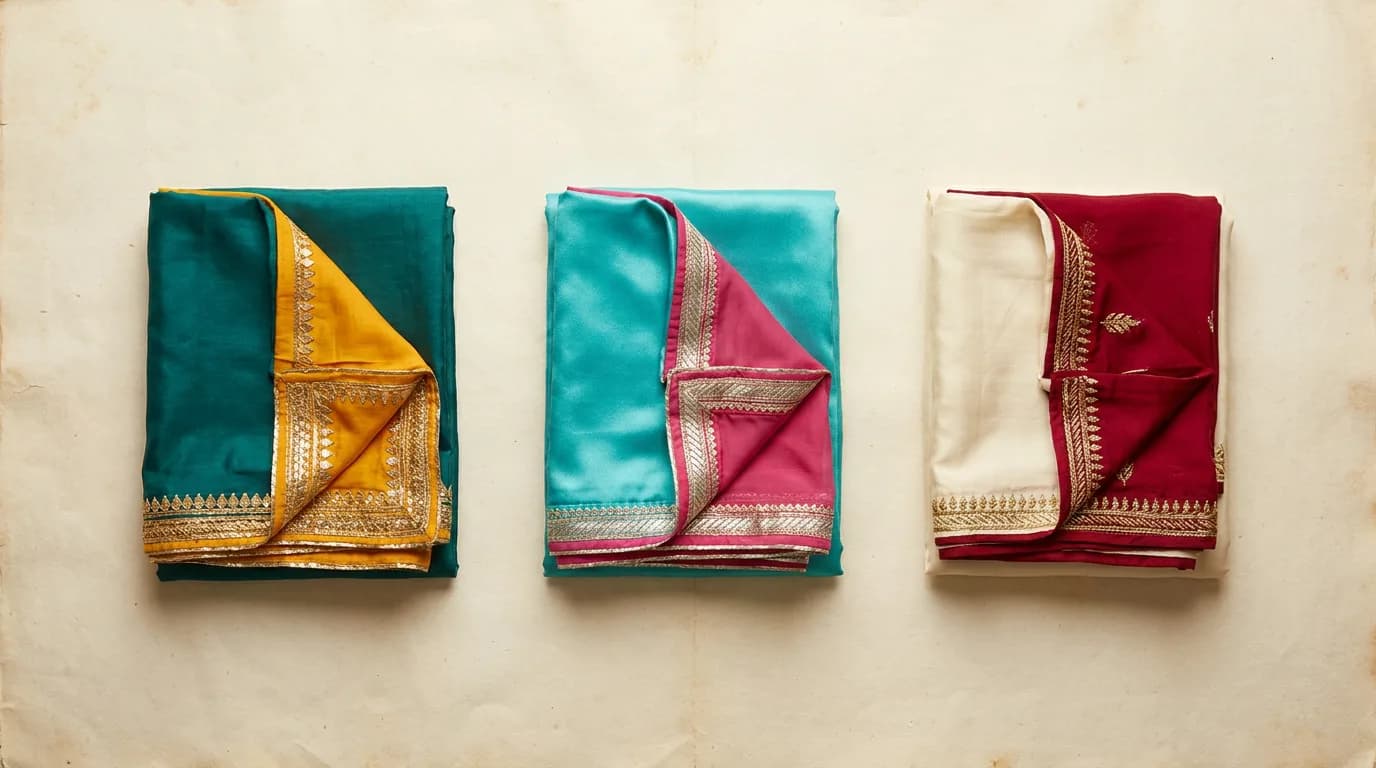 Three Rajputi poshak and odhna colour pairings folded side by side — rama green with marigold, firozi with rani pink, ivory with crimson