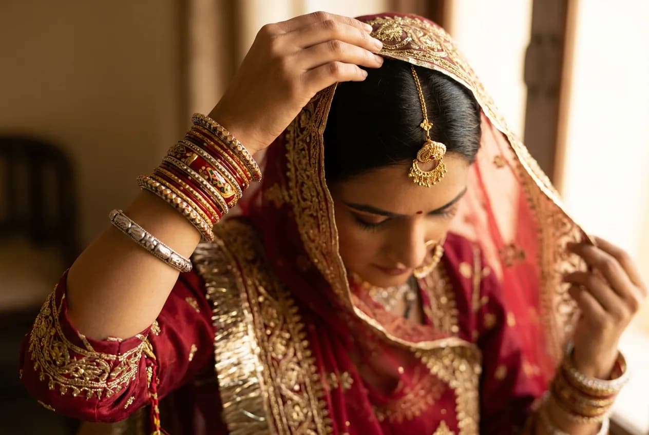 Close crop of hands adjusting an odhna, stacked Rajasthani bangles, silver kada and a gold rakhdi on a centre-parted hairline