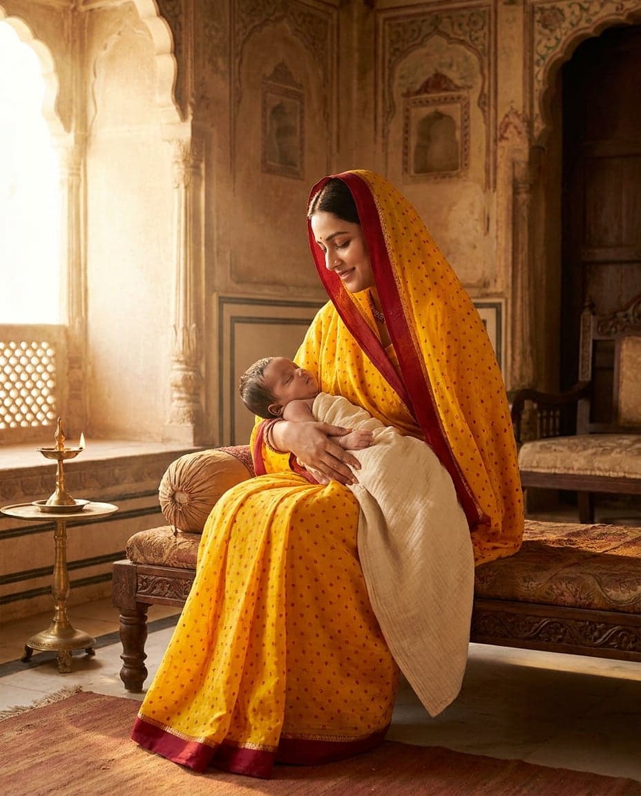 Piliya — haldi yellow odhna with red border worn by a new mother