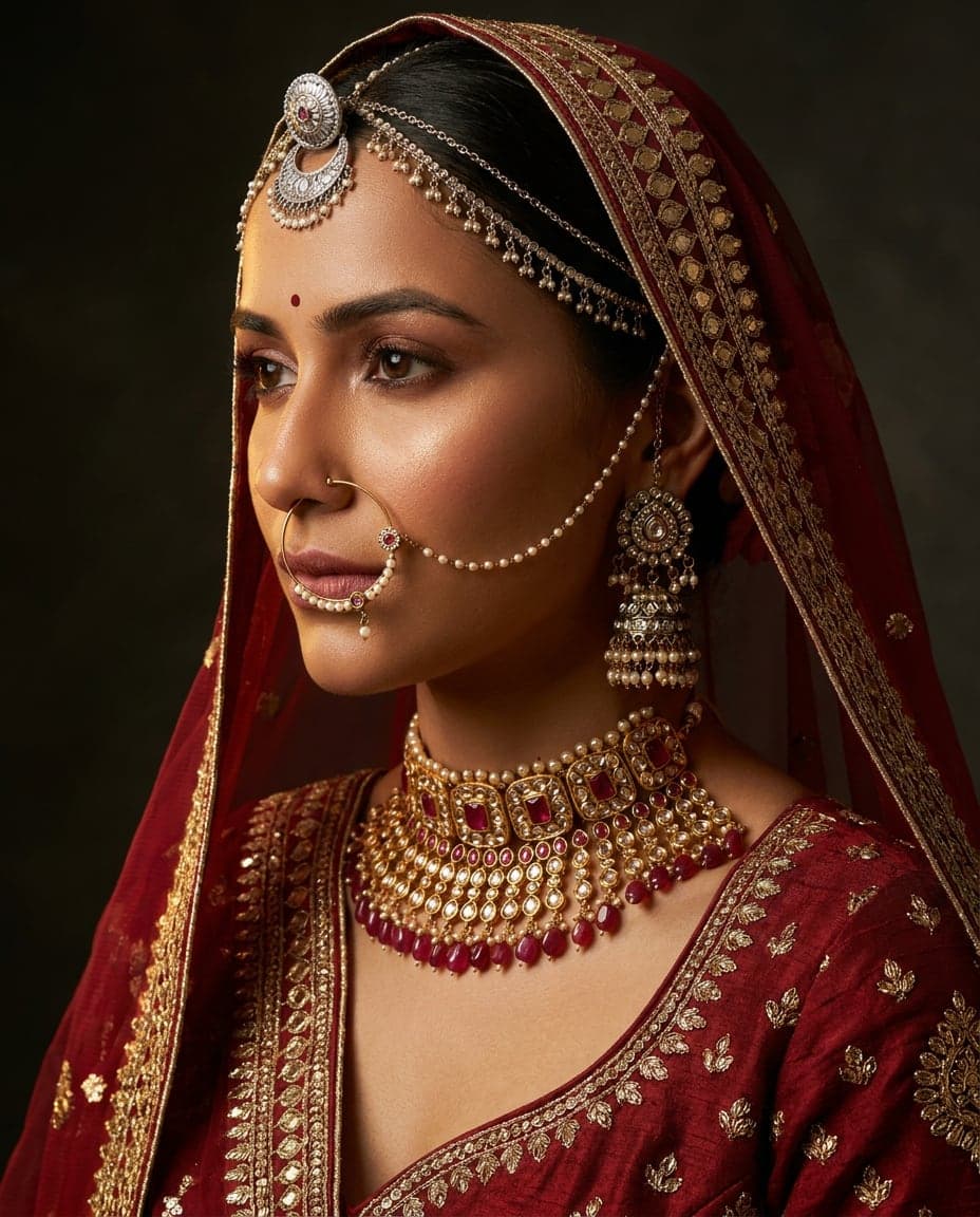 Rajput bride wearing borla, matha patti, aad necklace and nath with red poshak
