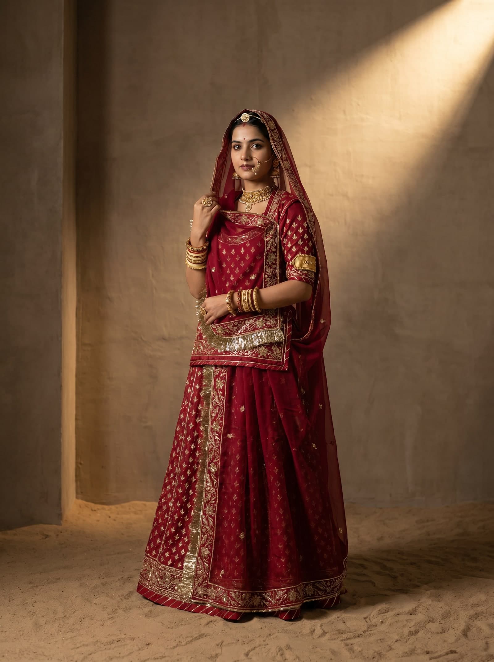 Deep Red Bari Rajputi Poshak — Dabka