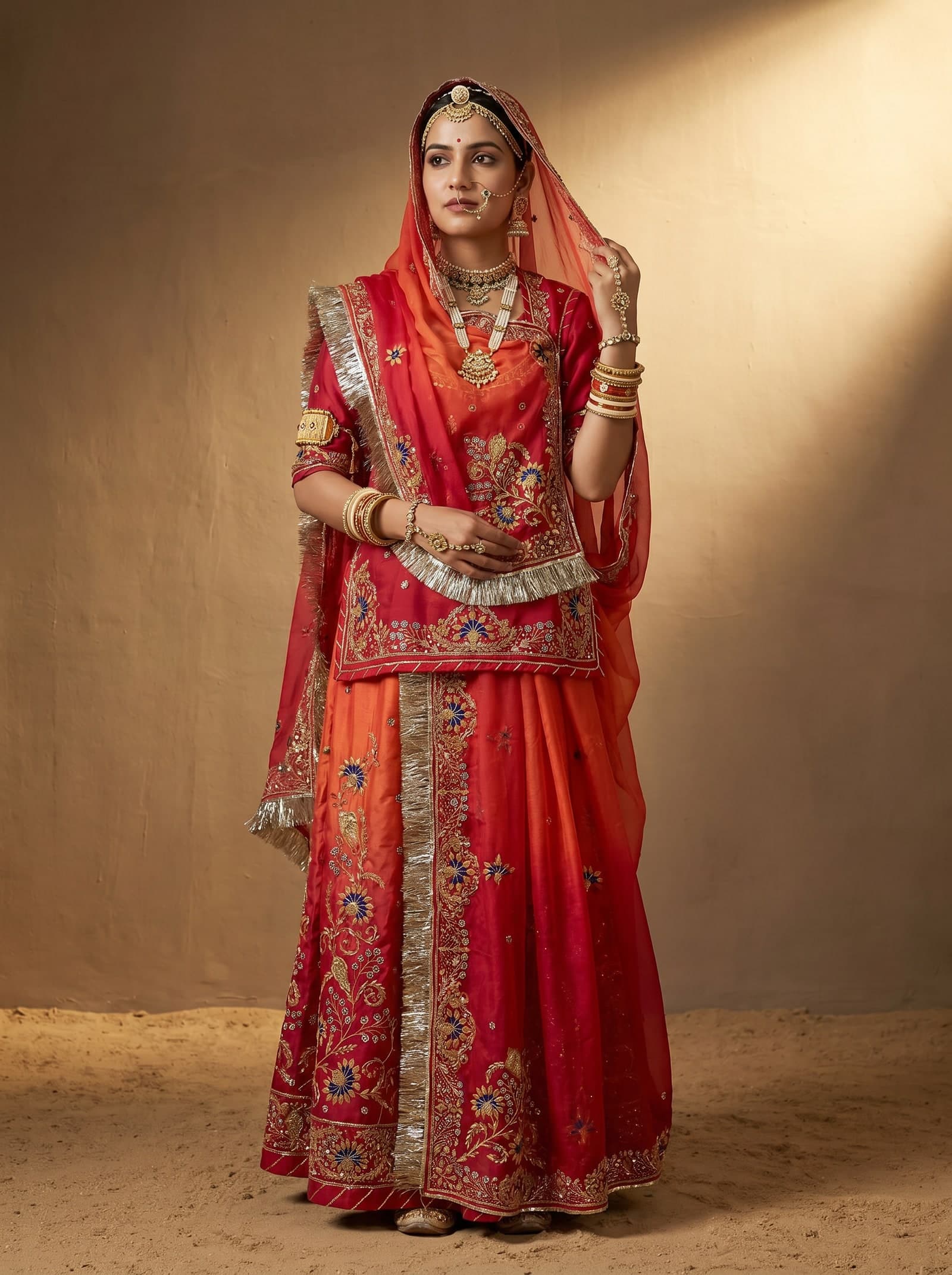 Red-Orange Shaded Bari Rajputi Poshak — Golden Dabka