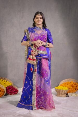 Royal Blue & Pink Pure Satin Rajputi Poshak with Real Chabdi Sikiya & Ginni Work