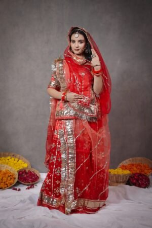 Red Gaji Satan Poshak With Copper Laffa & Sikiya Design